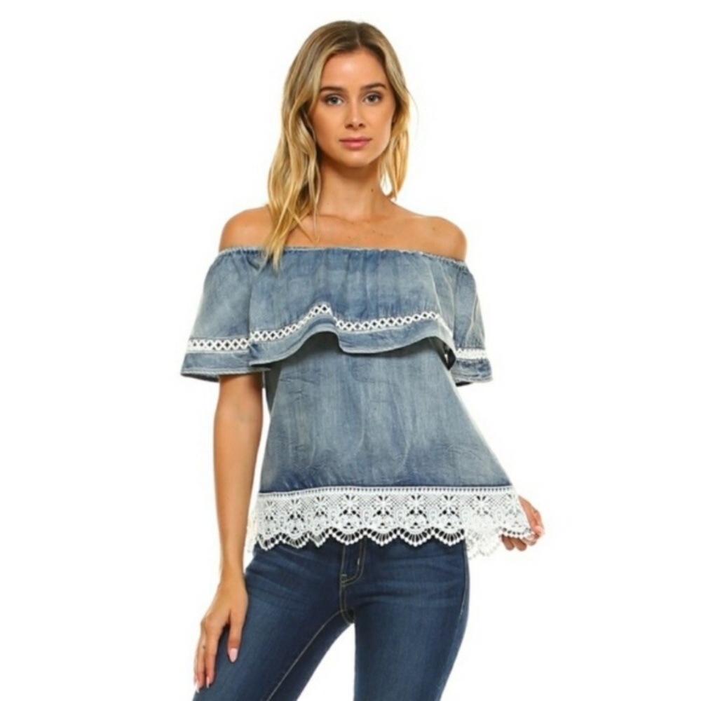 🔵 1 LEFT!! 🔵 denim off shoulder top - Picture 3 of 5
